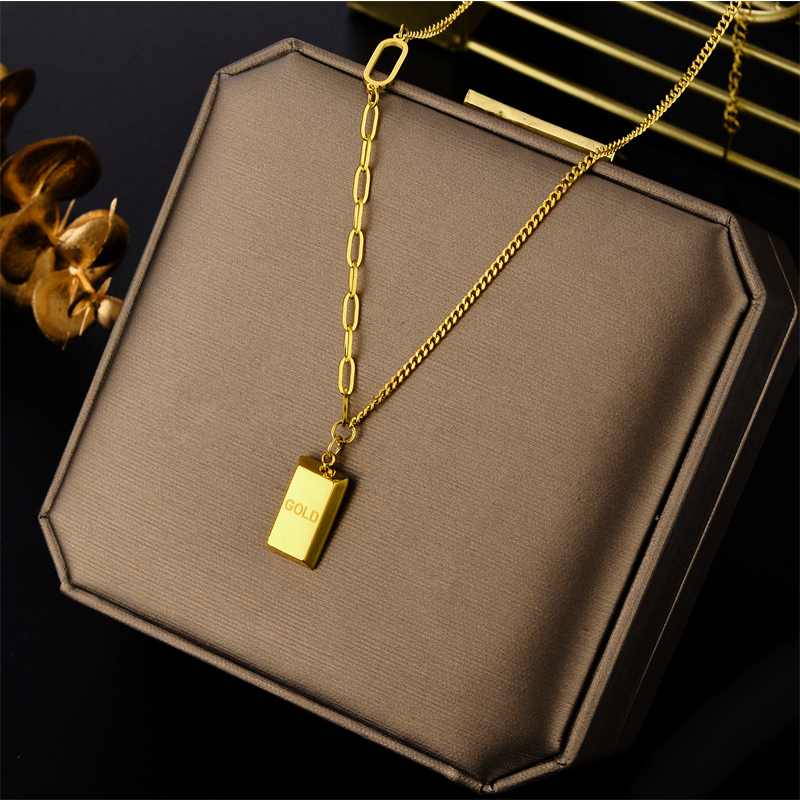 Ht สร้อยคอ เหล็กไทเทเนียม ชุบทอง 18K จี้อิฐ ขนาดเล็ก เครื่องประดับ สําหรับผู้หญิง