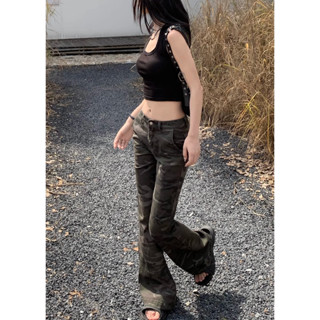 Sleeveless square neck tank top+camouflage micro flared jeans thin high waist elastic hip raising flare pants