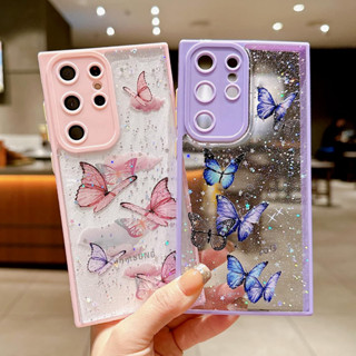 เคสSamsung S23 S22 S21 Plus S21 FE S20 Plus Note 20 Ultraโทรศัพท์มือถือ ซิลิโคนนุ่ม ใส แต่งกลิตเตอร์ ลายผีเสื้อ ระยิบระยับ สําหรับ