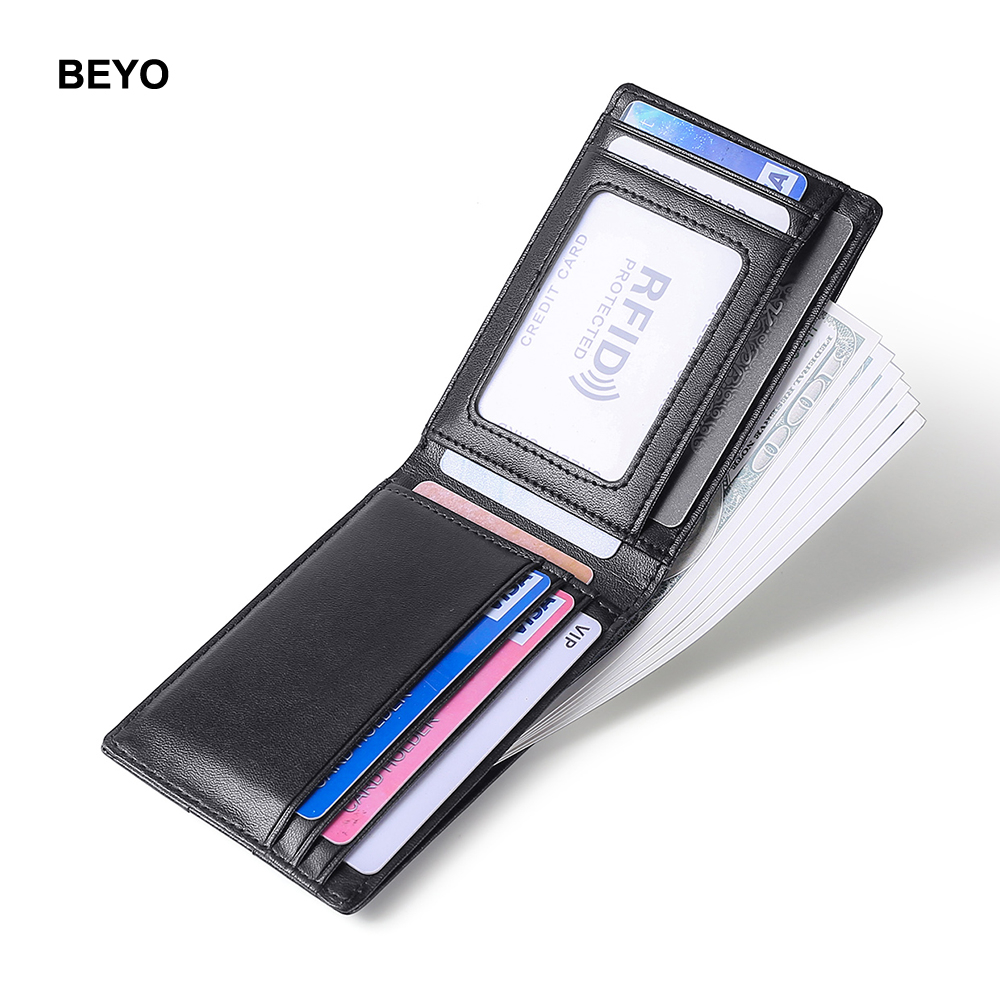 กระเป๋าสตางค์หนังแท้ RFID ทรงสลิม แบบพับได้ สําหรับผู้ชาย