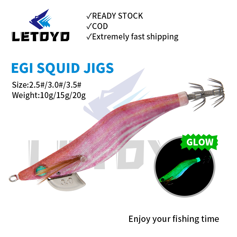 LETOYO 6 สี Squid Jigs 2.5 3.0 3.5 เหยื่อล่อปลาหมึก Bionic กุ้งไม้เรืองแสงในเข้ม
