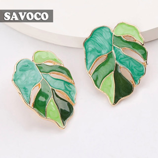 Savoco ต่างหูสตั๊ด รูปใบไม้ สีเขียว เครื่องประดับแฟชั่น สําหรับผู้หญิง SE130