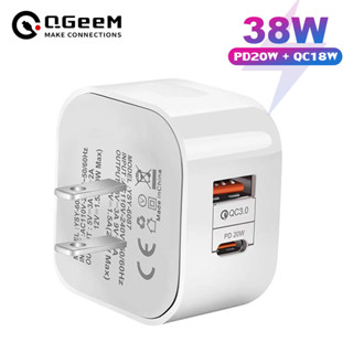 Qgeem ที่ชาร์จ 38W PD4.0 QC3.0 Type-C พอร์ตคู่ พินพับได้ ชาร์จเร็ว ปลั๊ก USB-A สําหรับ Apple Android โน้ตบุ๊ก ชาร์จเร็ว