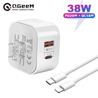 Qgeem ที่ชาร์จ 38W PD4.0 QC3.0 Type-C พอร์ตคู่ พินพับได้ ชาร์จเร็ว ปลั๊ก USB-A สําหรับ Apple Android โน้ตบุ๊ก ชาร์จเร็ว