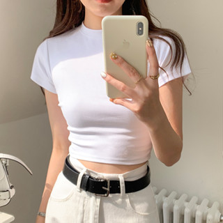 Shoulder T-shirt Womens Short Sleeve Summer Slim Fit and Slim Folding High Waist Short Bottom Top Short Sleeve T-shirt Short Version Top