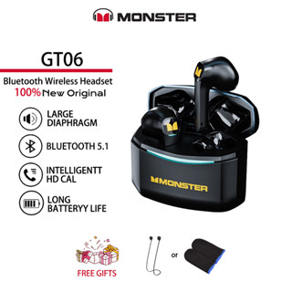 Monster GT06 ชุดหูฟังบลูทูธไร้สาย กึ่งอินเอียร์ สเตอริโอ อายุการใช้งานยาว ความล่าช้าต่ํา สีดํา สําหรับเล่นกีฬา วิ่ง