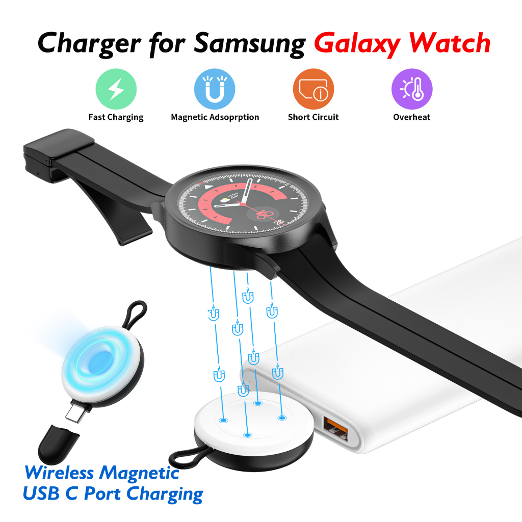 [With type c Ports] ที่ชาร์จนาฬิกาข้อมือแม่เหล็ก USB C แบบพกพา สําหรับ Samsung Galaxy Watch 6 / 6 Classic / 5 / 5 Pro / 4 / 4 Classic / 3 / Acitve 2 / Active