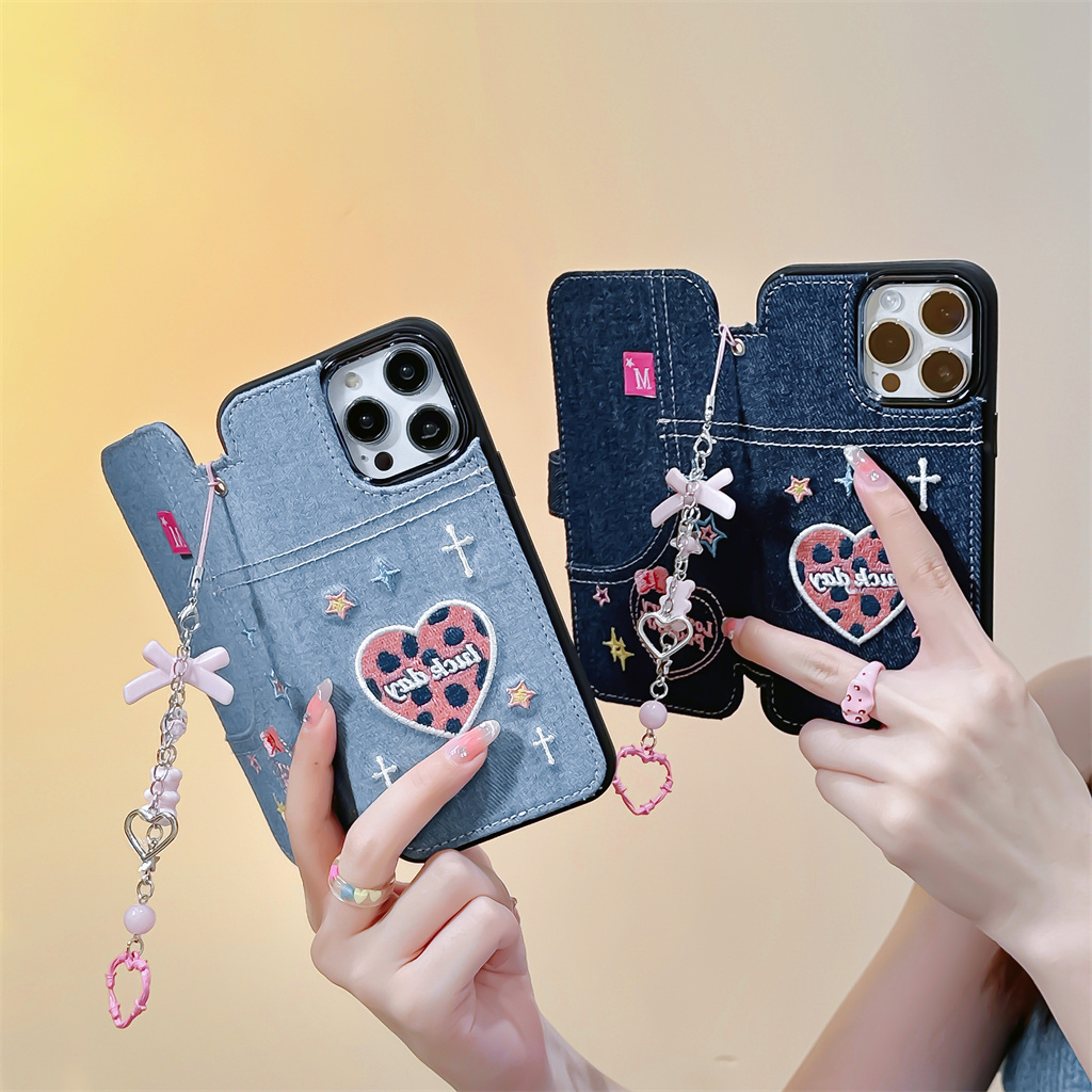 สําหรับiphone Case 16 Pro Max 15 Pro Max 14 Pro Max 13 Pro Max 12 Pro Max Denimปักรักวงเล็บพับพนังTPU Soft Case