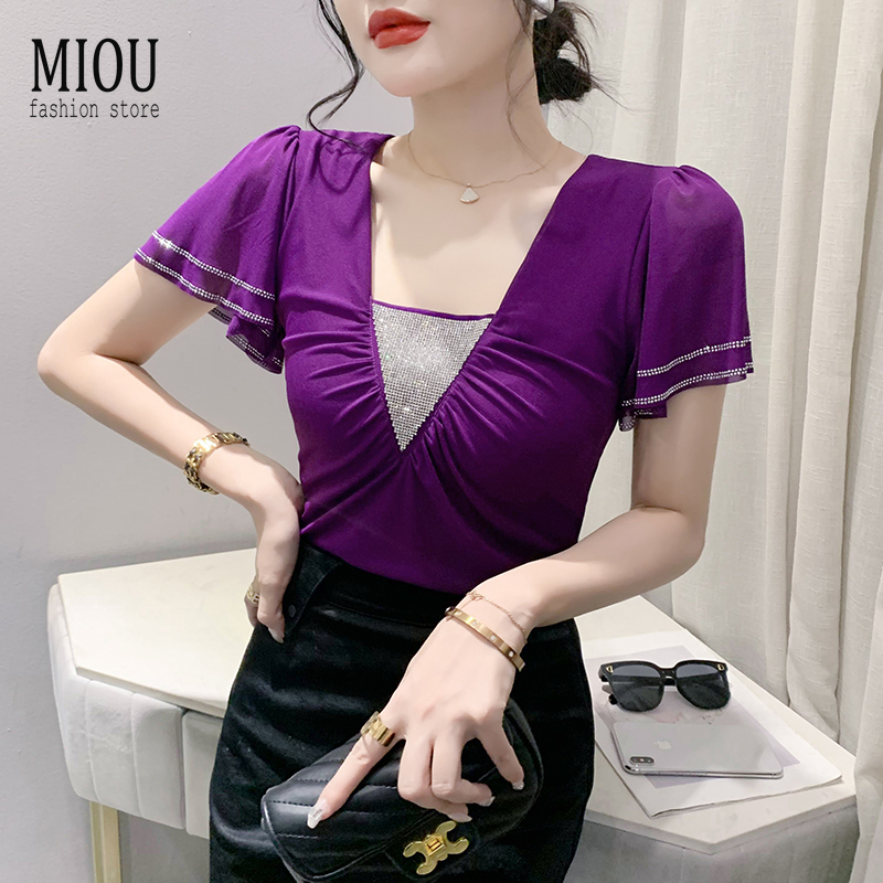 Miou ใหม่ เสื้อยืดแขนสั้น ผ้าตาข่าย แต่งเพชร สองชั้น สีม่วง แฟชั่นฤดูร้อน สําหรับผู้หญิง 2023