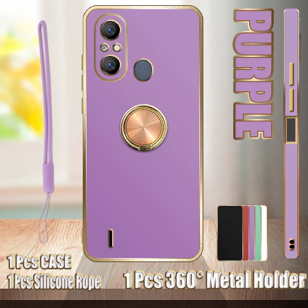 สําหรับ Itel A58 A58 Pro A49 A661L A49 LTE ขอบตรงเคสไฟฟ้าพร้อม 360°ที่วางโลหะและเชือกซิลิโคน