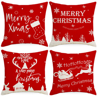 ปลอกหมอนอิง ผ้าฝ้าย ผ้าลินิน ทรงสี่เหลี่ยม ลายคริสต์มาส Merry Christmas สีแดง ขนาด 70×70 60×60 50×50 45×45 40×40