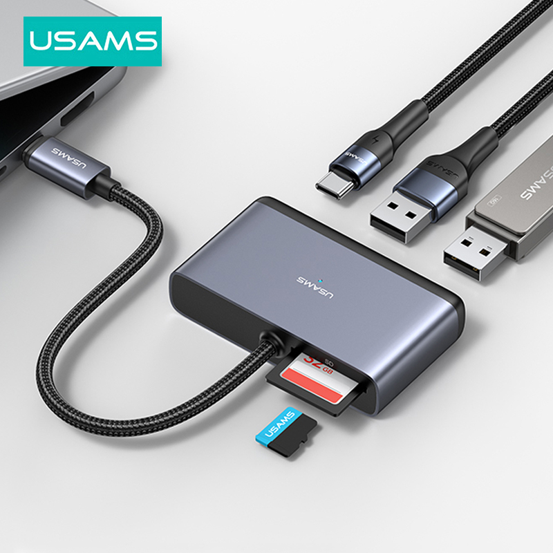 Usams ฮับแยก USB C HUB 5 พอร์ต USB Type C เป็น USB 3.0 2.0 พร้อมช่องเสียบการ์ดคู่ SD TF สําหรับแล็ปท็อป แท็บเล็ต PC