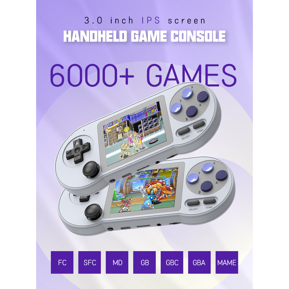 เกมคอนโซลวิดีโอเกม ขนาดเล็ก แบบพกพา 6000 เกม หน้าจอ IPS 3.0 นิ้ว รองรับผู้เล่นสองคน สําหรับ GBA Sega SNES