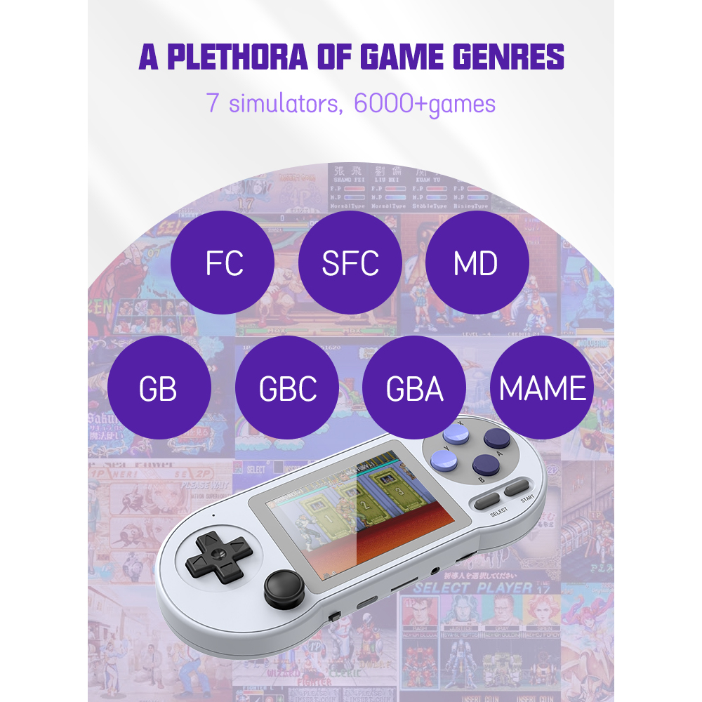 เกมคอนโซลวิดีโอเกม ขนาดเล็ก แบบพกพา 6000 เกม หน้าจอ IPS 3.0 นิ้ว รองรับผู้เล่นสองคน สําหรับ GBA Sega SNES