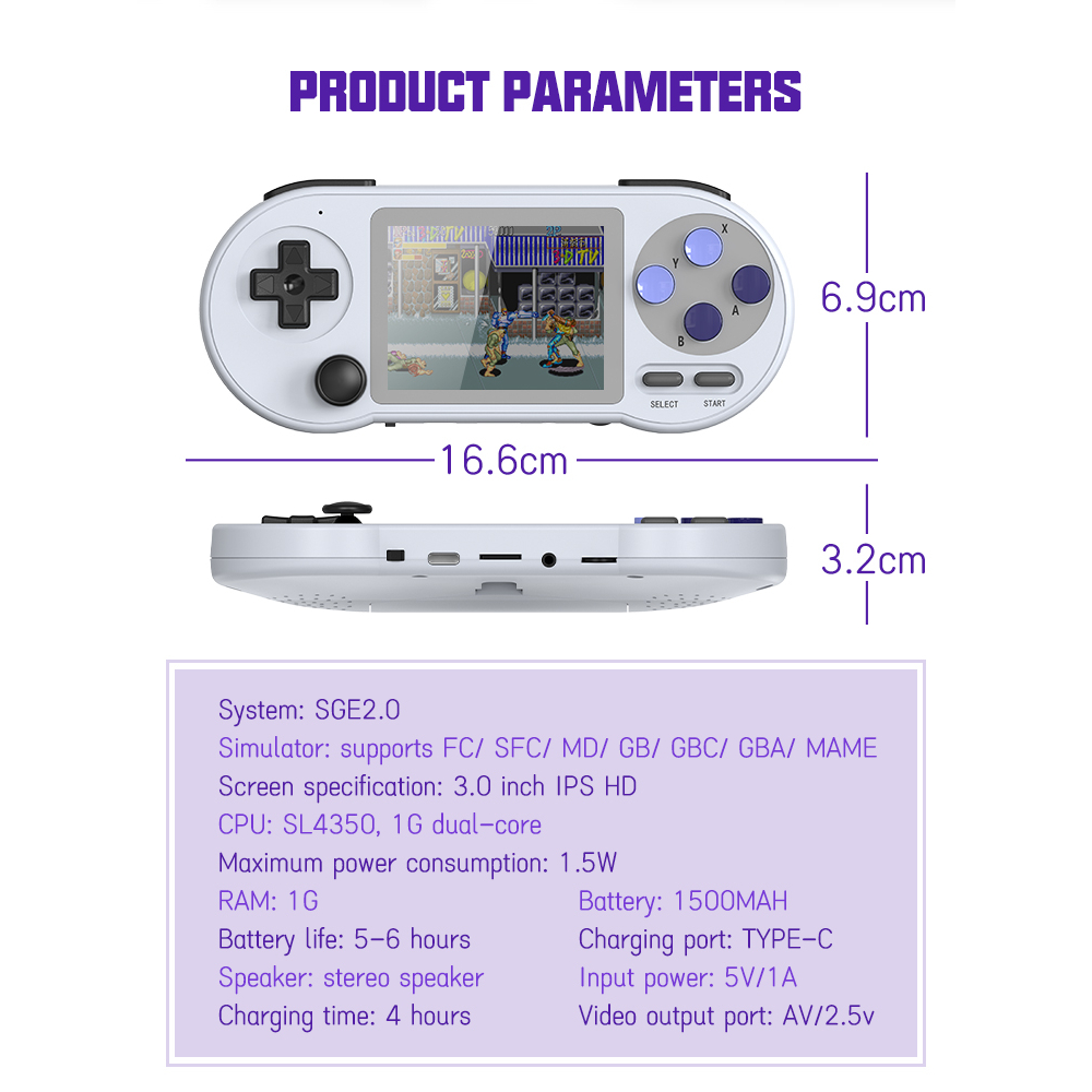 เกมคอนโซลวิดีโอเกม ขนาดเล็ก แบบพกพา 6000 เกม หน้าจอ IPS 3.0 นิ้ว รองรับผู้เล่นสองคน สําหรับ GBA Sega SNES