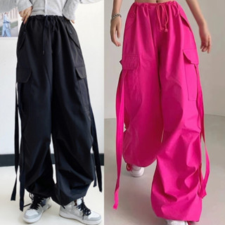 ชุดเอี๊ยมกางเกงลําลอง Y2K ทรงหลวม แบบผูกเชือก สีแคนดี้ แฟชั่นสําหรับสตรี