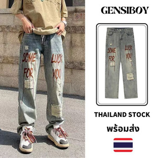 Gensiboy- พร้อมส่ง กางเกงยีนส์ขาดๆ ของผู้ชาย ฤดูใบไม้ผลิและฤดูร้อน เวอร์ชั่นเกาหลี ของฮาราจูกุ แบรนด์อินเทรนด์ ในหลวม ฮิปฮอปแบบสบาย ๆ กางเกงขายาวขากว้างของญี่ปุ่น