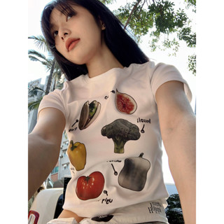 【สินค้าพร้อมส่ง】2023 เสื้อยืดแขนสั้น พิมพ์ลาย สไตล์เกาหลี สําหรับผู้หญิง