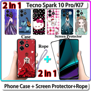 2 IN 1 เคส สําหรับ Tecno Spark 10 Pro KI7 เคส พร้อมกระจกนิรภัยโค้ง ป้องกันหน้าจอเซรามิค สําหรับเด็กผู้หญิง และคิตตี้