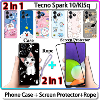 2 IN 1 เคส สําหรับ Tecno Spark 10 KI5q เคส พร้อมกระจกนิรภัยโค้ง ป้องกันหน้าจอเซรามิค ลายแมว และโดราเอมอน