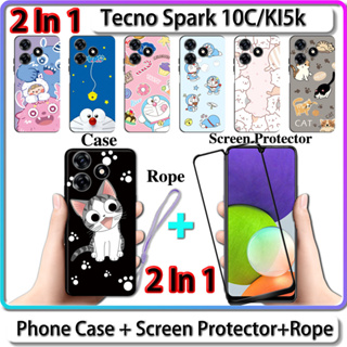 2 IN 1 เคส สําหรับ Tecno Spark 10C KI5k เคส พร้อมกระจกนิรภัยโค้ง ป้องกันหน้าจอเซรามิค ลายแมวและโดราเอมอน