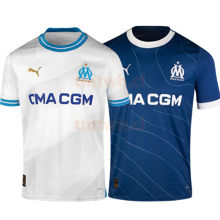 เสื้อเชิ้ต ลายทีมฟุตบอล Marseille Home Away สีขาว สีฟ้า สําหรับผู้ชาย และผู้ใหญ่ 2023