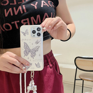 เคสโทรศัพท์มือถือชุบไฟฟ้า ลายผีเสื้อน่ารัก พร้อมสายโซ่ลูกปัด สําหรับ iPhone 14Pro max case 13Pro max 12Pro max 14Pro 13Pro 12Pro 11 12 13 14 case