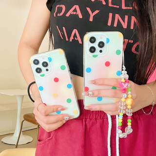 เคสป้องกันโทรศัพท์มือถือ ลายจุด พร้อมสายโซ่ลูกปัด หลากสี สําหรับ iPhone 14Pro max case 13Pro max 12Pro max 14Pro 13Pro 12Pro 11 12 13 14 case