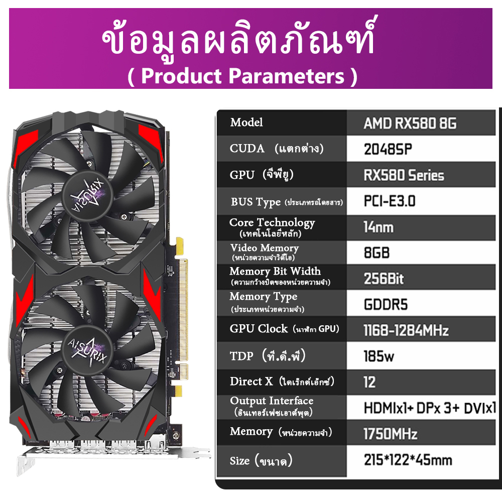 Aisurix RX580 การ์ดจอ 8GB AMD Radeon GDDR5 256 BIT 2048SP RX580 สําหรับคอมพิวเตอร์เล่นเกม Gpu