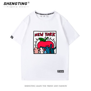 เสื้อยืดแขนสั้น ผ้าฝ้ายแท้ พิมพ์ลาย Keith Harling ขนาดเล็ก สําหรับผู้ชาย และคู่รัก