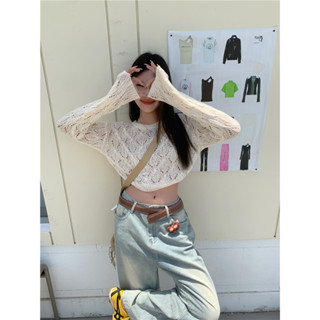 Hollow out long sleeved knit shirt Womens summer design loose top short knit shirt