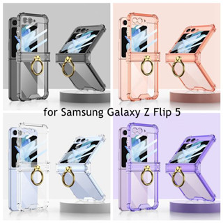 Samsung Galaxy Z Flip 5 เคสโทรศัพท์ใส แบบเต็ม หมุนได้ แหวนนิ้ว อุปกรณ์เสริม