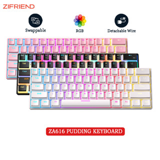 ZIFRIEND ZA616 พุดดิ้ง Keycaps แป้นพิมพ์เครื่องกลจริง Blue Red Switch RGB Backlight 61 ปุ่ม