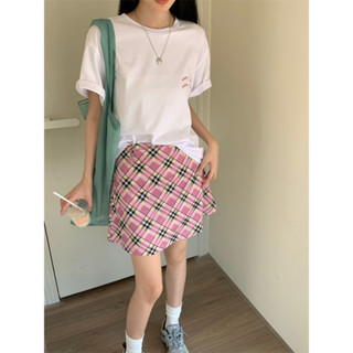 Simple embroidered letter round neck T-shirt+checkered short skirt