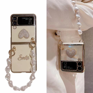 Bling Heart Diamond เคสใส สําหรับ Samsung Galaxy Z Flip 4 Z Flip 3 เคสหรูหรา หินอ่อน สายรัดข้อมือ ชุบทอง ฝาหลัง