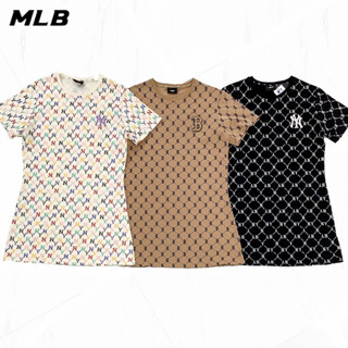 ชุดเดรสกระโปรง ผ้าฝ้าย แขนสั้น ปักลายโลโก้ MLB NY คุณภาพสูง สีสันสดใส สําหรับสตรี