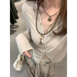 New Chinese Korean V-neck breasted sun resistant cardigan+Zen style pleated wide leg pants skirt