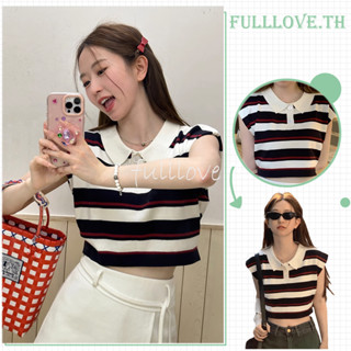 Fulllove POLO สื้อคอปกแขนสั้น ผ้าไหมพรมลายทาง แฟชั่นสไตล์เกาหลี