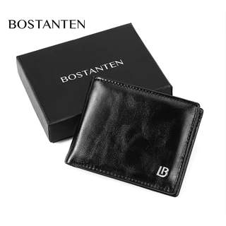 BOSTANTEN กระเป๋าสตางค์สั้นผู้ชายสามพับ, น้ำมันขี้ผึ้ง, กระเป๋าสตางค์หนังคลาสสิค, ความจุขนาดใหญ่, ลำลอง, ธุรกิจ, ทนทาน, คุณภาพสูง