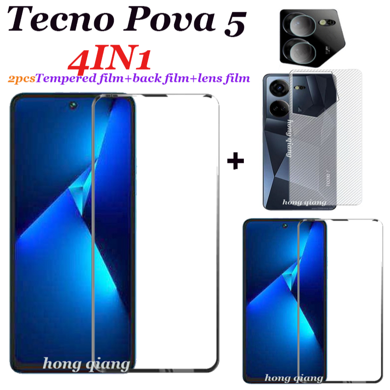 (4in1) ฟิล์มกระจกนิรภัยกันรอยหน้าจอ และฟิล์มคาร์บอนไฟเบอร์ และเลนส์กล้อง สําหรับ Tecno Pova 5 Pova 5 Pro Pova 6 Pro Pova 4 3 4 Pro 2 ชิ้น