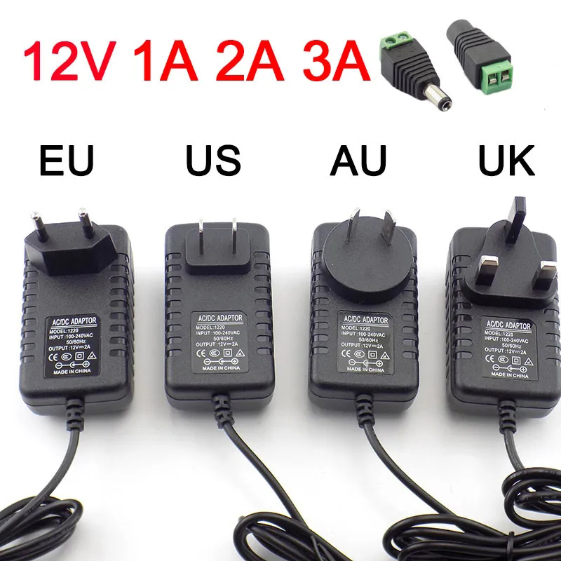อะแดปเตอร์พาวเวอร์ซัพพลาย AC DC 12v 1A 2A 3A 2000ma 3000MA ปลั๊ก EU UK AU US ขนาด 5.5*2.5 มม. สําหรับแถบไฟ led DC ตัวผู้ ตัวเมีย