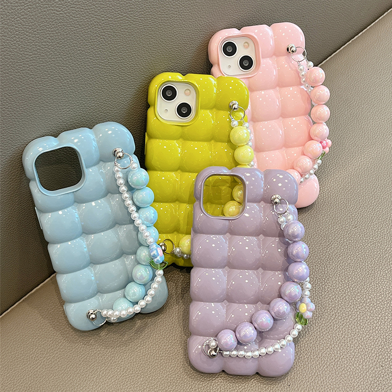 เคสโทรศัพท์มือถือ กันกระแทก ปิดด้านหลัง ปิดด้านหลัง ลายตารางน้ําแข็ง 3D ประดับไข่มุก พร้อมสายโซ่คล้อง หรูหรา สําหรับ iPhone 13 Pro Max 14 11 12