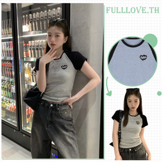 Fulllove เสื้อครอป คอกลมแขนสั้น น่ารัก สกรีนลายวินเทจ ผ้านิ่มยืดy2k crop top