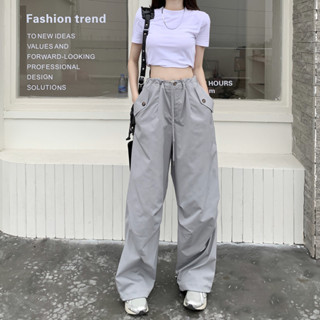 Design Sense Drawstring Grey Casual Pants Tidy Straight Tube Pants Wide Leg Pants Thin Cargo pants