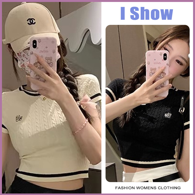 25084 แฟชั่นคอกลมแขนสั้นเสื้อยืดถัก ผ้าแจ็คการ์ด สไตล์