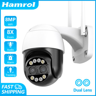 Hamrol กล้องวงจรปิด CCTV 4K 8MP ซูม 8X เลนส์คู่ PTZ Wifi IP กันน้ํา 4MP เสียงสองทาง iCsee APP