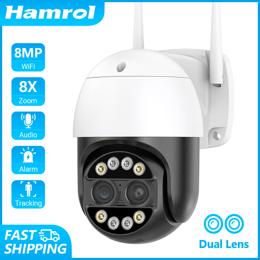 Hamrol 4K 8MP dual lens 8X Zoom PTZ Wireless IP Camera Outdoor IP66 Waterproof Security CCTV