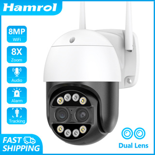 Hamrol 4K 8MP เลนส์คู่ ซูม 8X PTZ กล้องวงจรปิดไร้สาย IP66 กันน้ํา 2K 4MP เวอร์ชั่นกลางคืน ตรวจจับการเคลื่อนไหวด้วยเสียงสองทาง กล้องรักษาความปลอดภัย CCTV