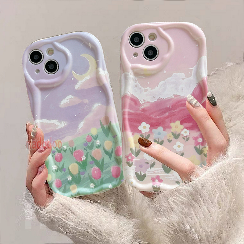 Soft Casing for iPhone 16 15 14 Pro Max 13 12 11 ProMax X XS XR 7 8 6 6S Plus SE 2020ins Cream Edge Pink Purple Oil painting Moon cloud Starry sky Sea of Flowers Fine Hole Airbag Shockproof Protection Phone Case STN 19