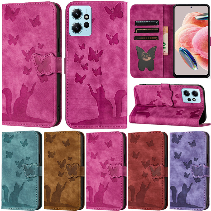 เคสโทรศัพท์มือถือหนัง Pu นิ่ม ผิวด้าน ลายแมว พร้อมช่องใส่บัตร และขาตั้ง หรูหรา สําหรับ Xiaomi Redmi Note 12 4G Note 10 4G Note 11 4G Note 11 Pro 5G Note 12 Pro 5G Note 12s 4G